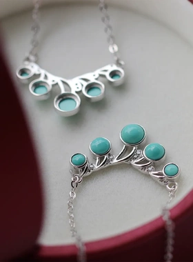 s925纯银镶天然原矿湖北绿松石项链一体链高瓷蓝松石项链直播