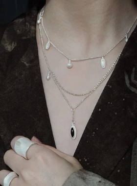 小众计明星董洁同款S925纯银星轨双层项链黑白玛瑙垂坠感锁骨链