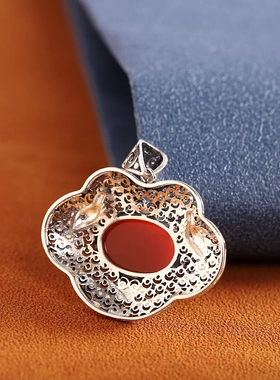 人品银品泰银精工项饰s925银镶南红玛瑙烧蓝吊坠镂空女士毛衣挂坠