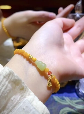 原创设计新款天然蜜蜡手链女士简约和田玉葫芦手串本命年新年礼物