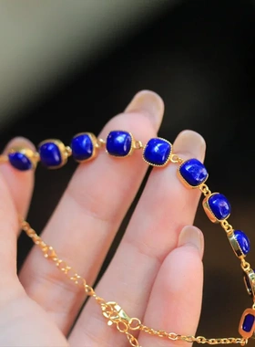 阿富汗天然青金石镶嵌s925纯银镀金手链简约百搭时尚轻奢中国风