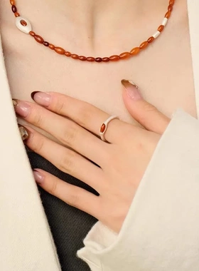 董洁同款S925纯银落日蜜蜡戒指手工磨砂质感小众设计复古通勤细戒