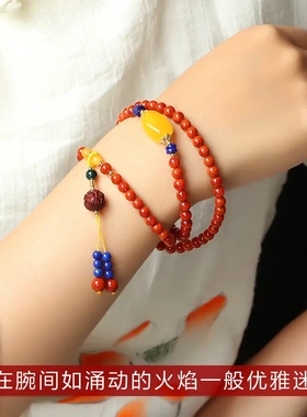 南红玛瑙青金石圆珠多圈手链原创手工搭配南红鸡油黄蜜蜡情侣手串