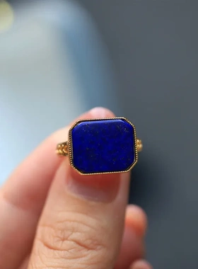 天然青金石简约方形戒指活口可调大小s925通体纯银镀金镶嵌不掉色