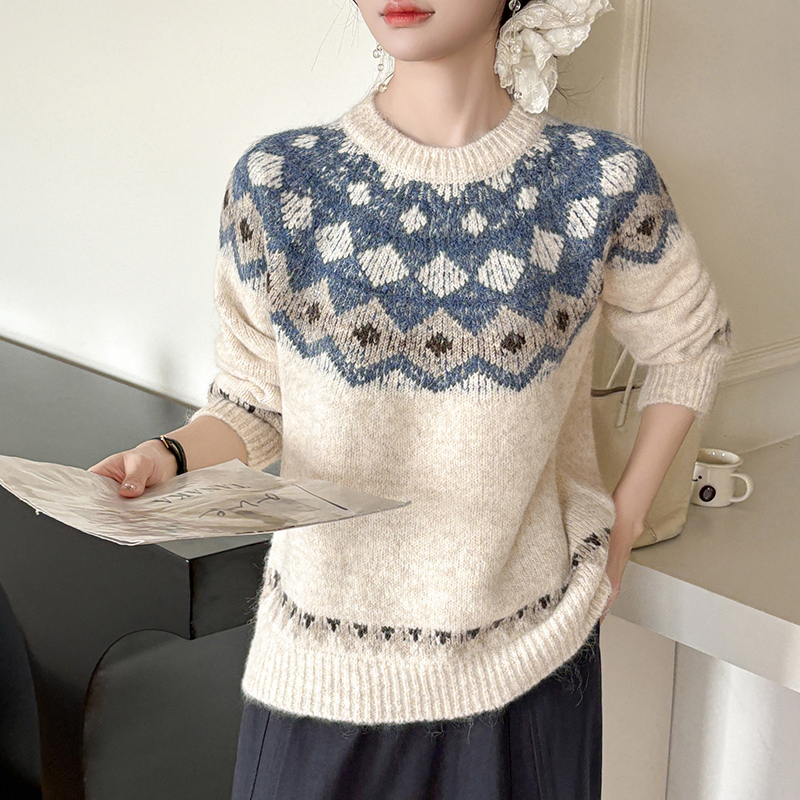 时尚设计感拼色圆领加厚针织衫女2025年秋冬新款长袖提花毛衣上衣 - 图0