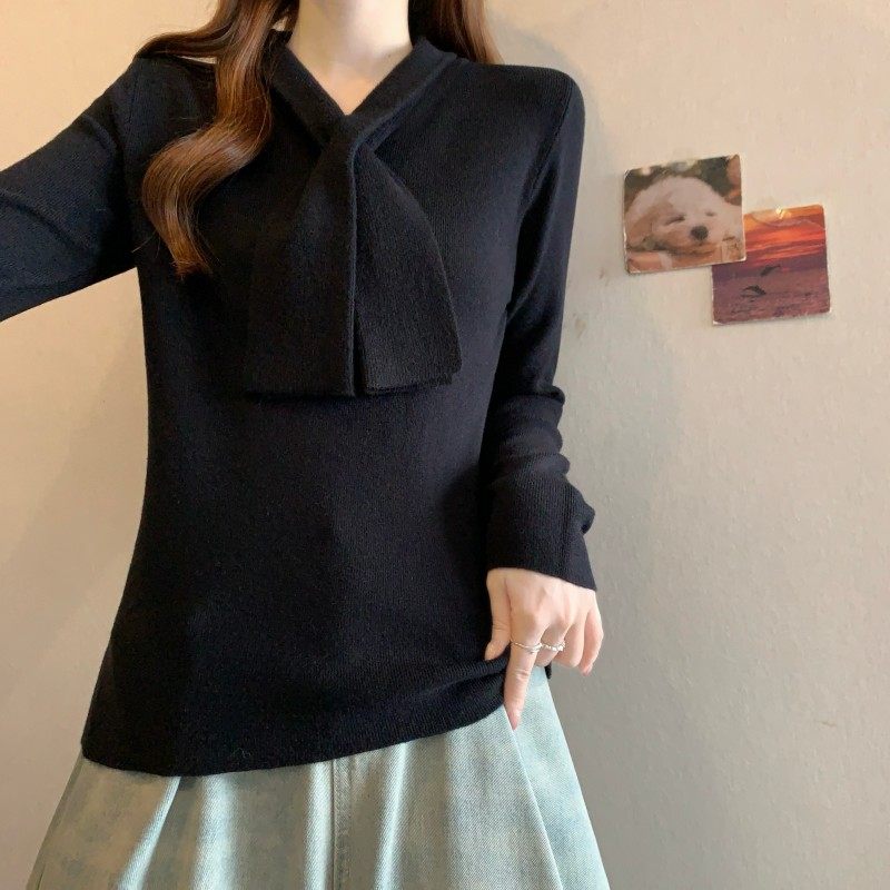 大码女装2025秋冬新款法式交叉领结正肩长袖套头打底上衣针织衫潮,淘宝优惠券,粉丝福利购,淘宝优惠卷