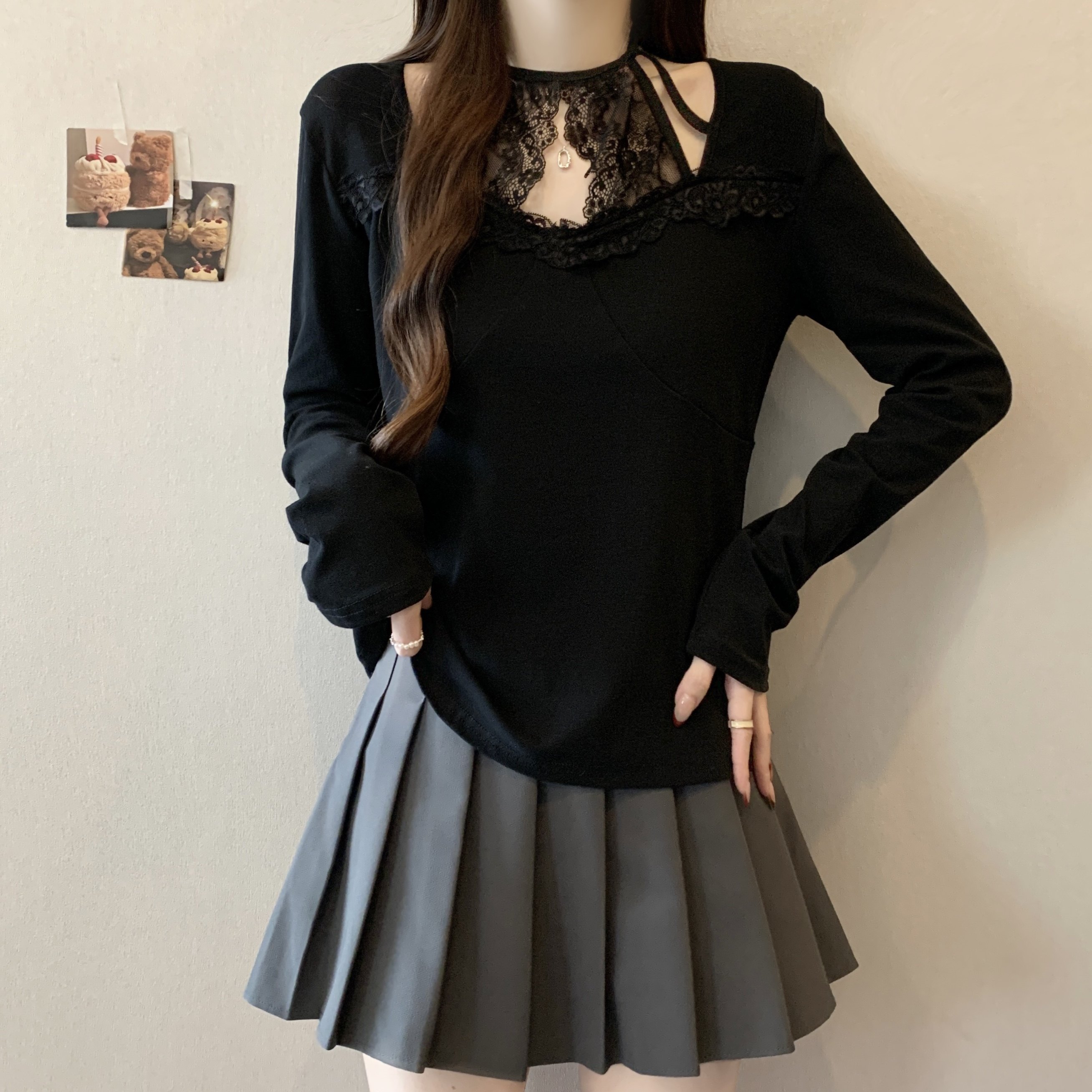 大码女装2025秋冬新款纯欲风蕾丝挂脖打底衫胖MM内搭长袖T恤上衣,淘宝优惠券,粉丝福利购,淘宝优惠卷