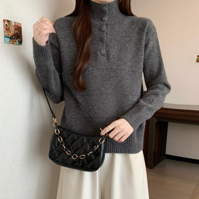 大码女装2025秋冬新款时尚百搭一排扣高领正肩简约长袖套头毛衣潮,淘宝优惠券,粉丝福利购,淘宝优惠卷