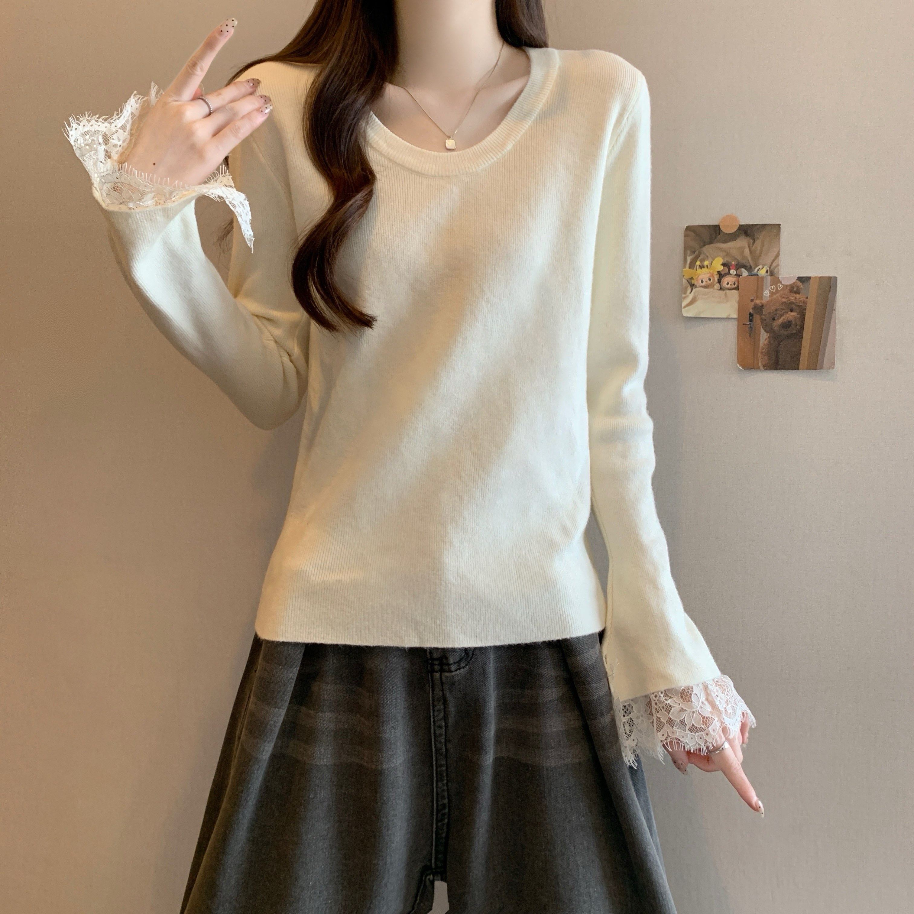 大码女装秋冬U领针织衫毛衣正肩长袖T恤女胖MM蕾丝袖内搭打底上衣,淘宝优惠券,粉丝福利购,淘宝优惠卷