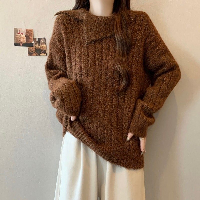大码女装2025秋冬新款法式开衩翻领加厚长袖落肩袖上衣套头毛衣潮,淘宝优惠券,粉丝福利购,淘宝优惠卷