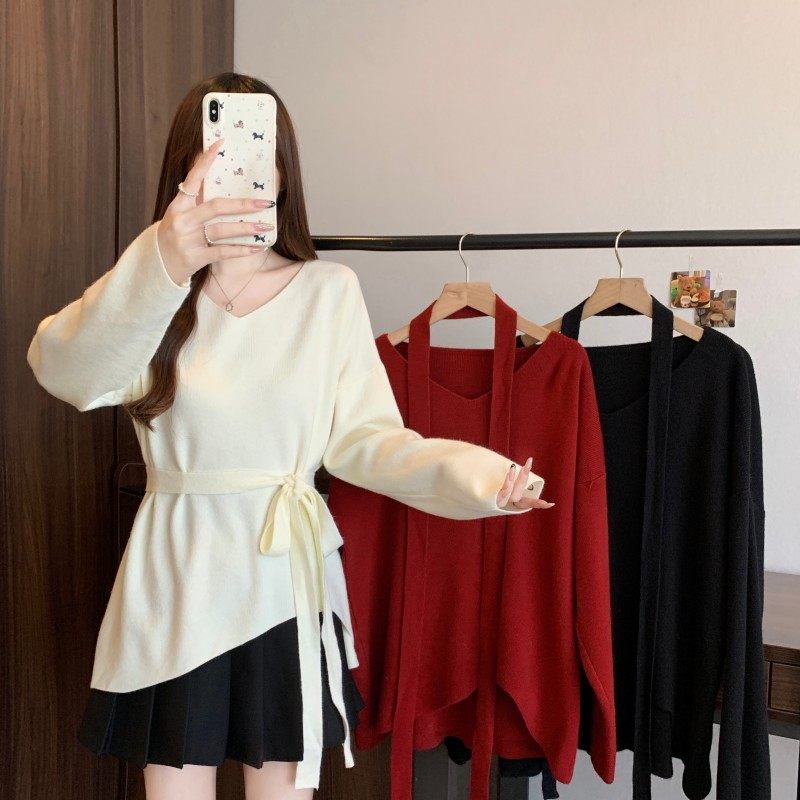 大码女装2025秋冬新款V领收腰系绳不规则下摆长袖套头上衣毛衣潮,淘宝优惠券,粉丝福利购,淘宝优惠卷