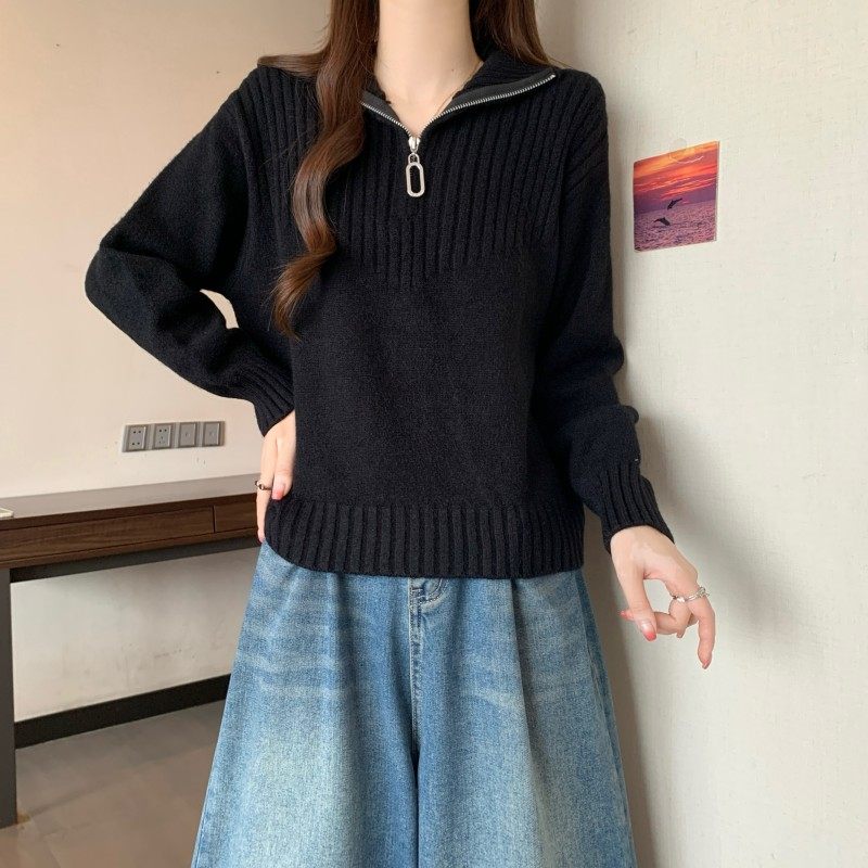 大码女装2025秋冬新款胖MM时尚长袖套头拉链翻领针织长袖上衣毛衣,淘宝优惠券,粉丝福利购,淘宝优惠卷