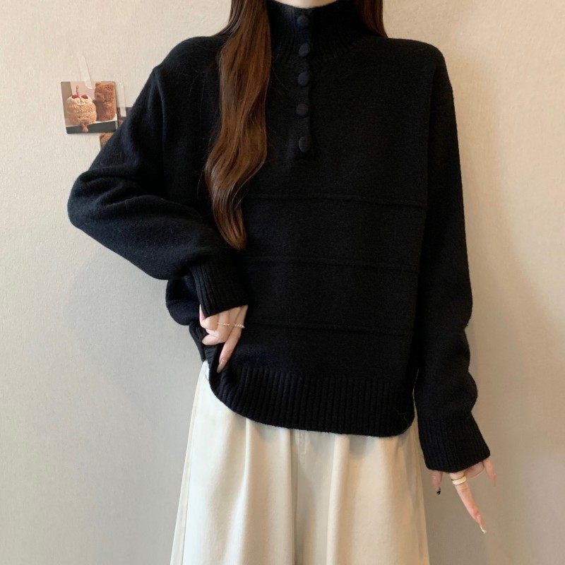 大码女装2025秋冬新款时尚百搭一排扣高领正肩简约长袖套头毛衣潮,淘宝优惠券,粉丝福利购,淘宝优惠卷