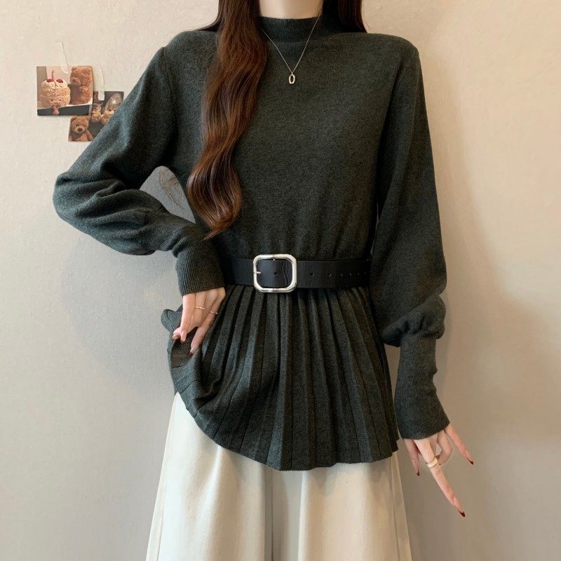 大码女装2025秋冬新款胖MM中领收腰皮带百褶正肩长袖套头上衣毛衣,淘宝优惠券,粉丝福利购,淘宝优惠卷