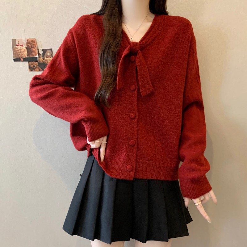 大码女装2025秋冬新款胖MM法式气质蝴蝶结领正肩长袖开衫上衣毛衣,淘宝优惠券,粉丝福利购,淘宝优惠卷