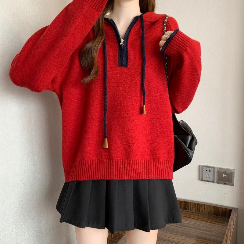 大码女装2025秋冬新款过年红撞色连帽半拉链长袖套头插肩袖毛衣潮,淘宝优惠券,粉丝福利购,淘宝优惠卷