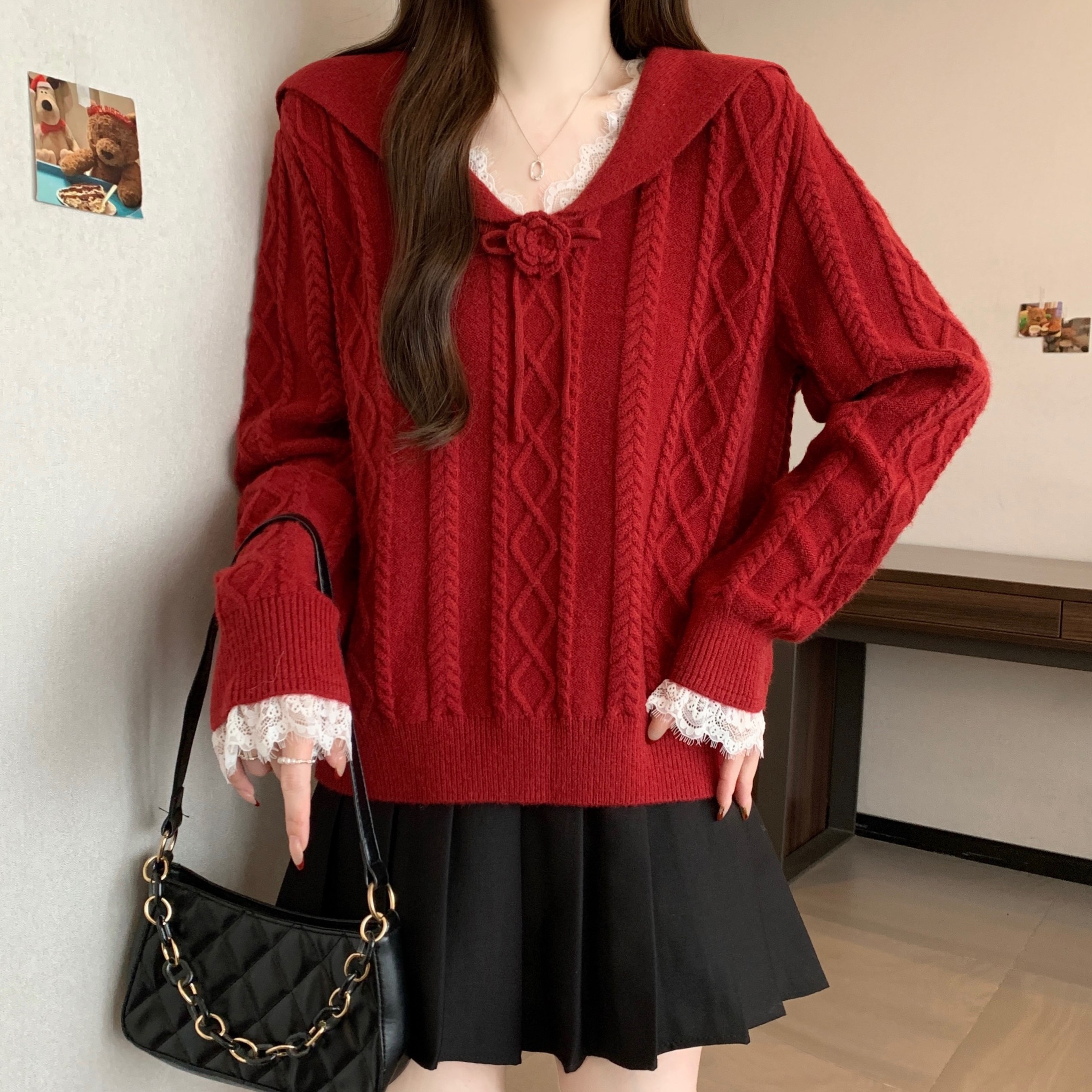 大码女装新年红色绞花纹毛衣2025秋冬新款宽松百搭法式针织衫上衣,淘宝优惠券,粉丝福利购,淘宝优惠卷