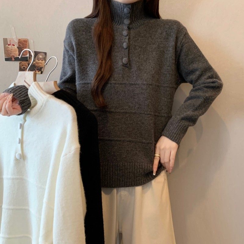 大码女装2025秋冬新款时尚百搭一排扣高领正肩简约长袖套头毛衣潮,淘宝优惠券,粉丝福利购,淘宝优惠卷