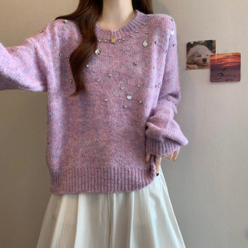 大码女装2025秋冬新款时尚百搭圆领套头法式重工钉钻长袖上衣毛衣,淘宝优惠券,粉丝福利购,淘宝优惠卷