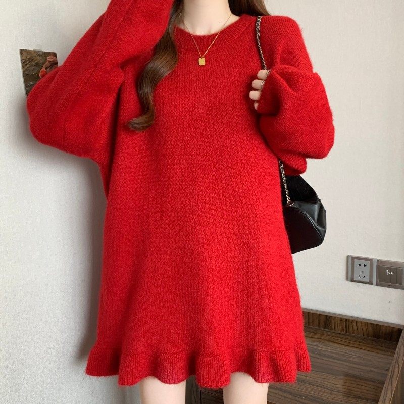 大码女装2025秋冬新款过年红圆领荷叶边下摆遮屁股长袖套头毛衣潮,淘宝优惠券,粉丝福利购,淘宝优惠卷