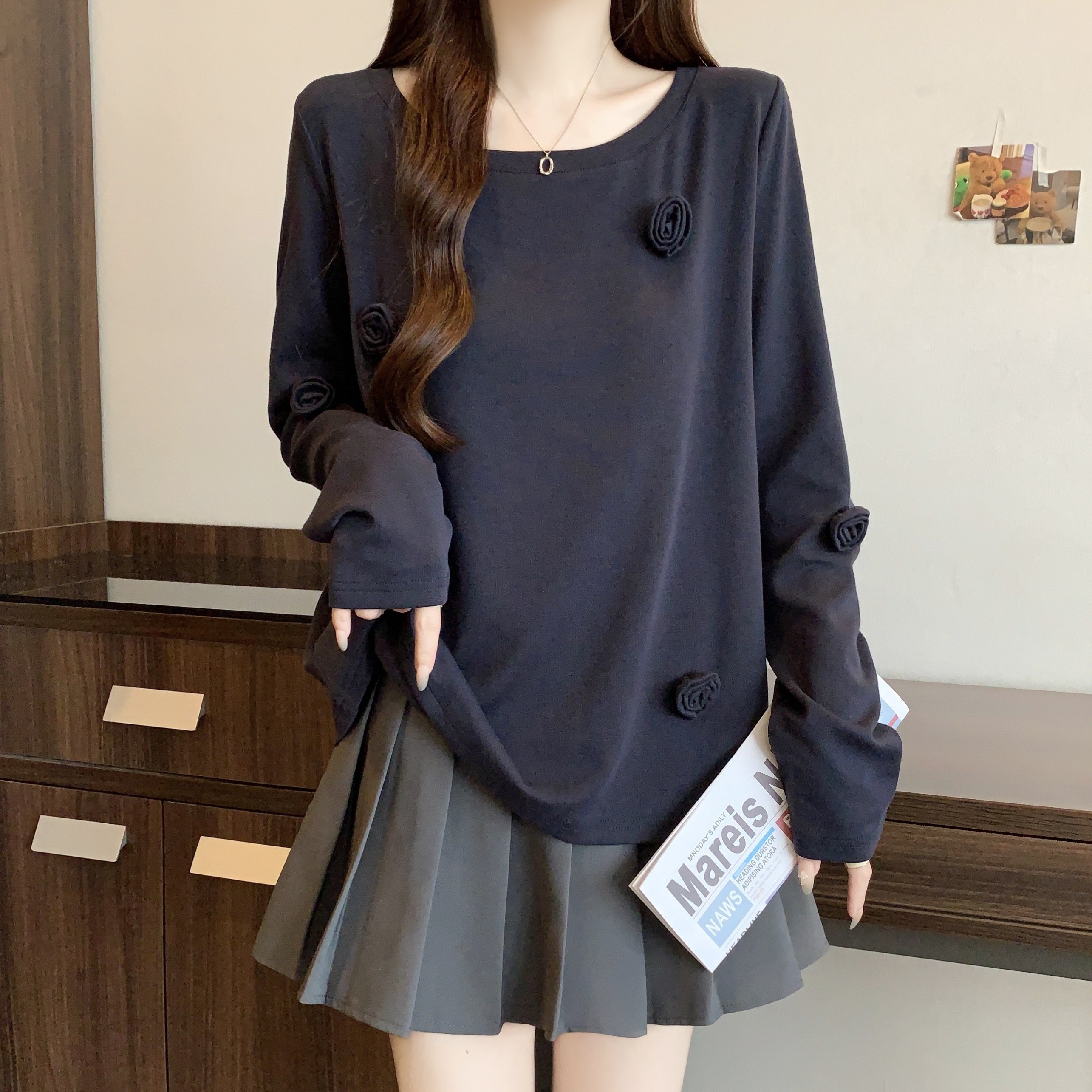 大码女装胖mm深蓝色时尚百搭长袖T恤秋季新款内搭立体花朵上衣潮,淘宝优惠券,粉丝福利购,淘宝优惠卷