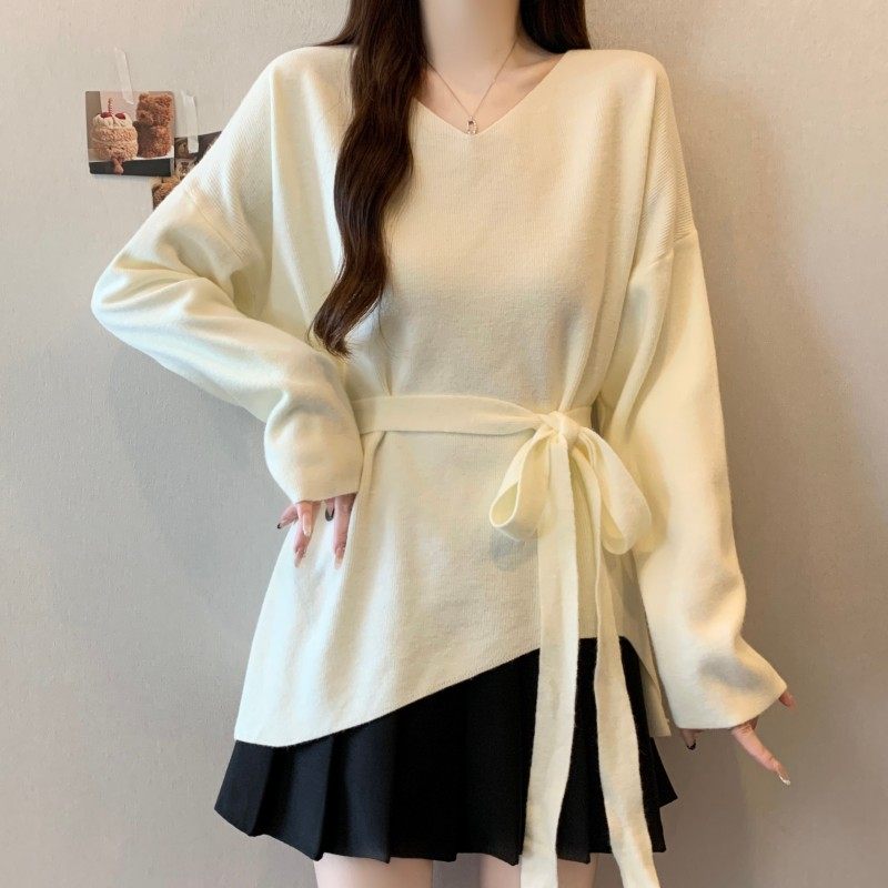 大码女装2025秋冬新款V领收腰系绳不规则下摆长袖套头上衣毛衣潮,淘宝优惠券,粉丝福利购,淘宝优惠卷