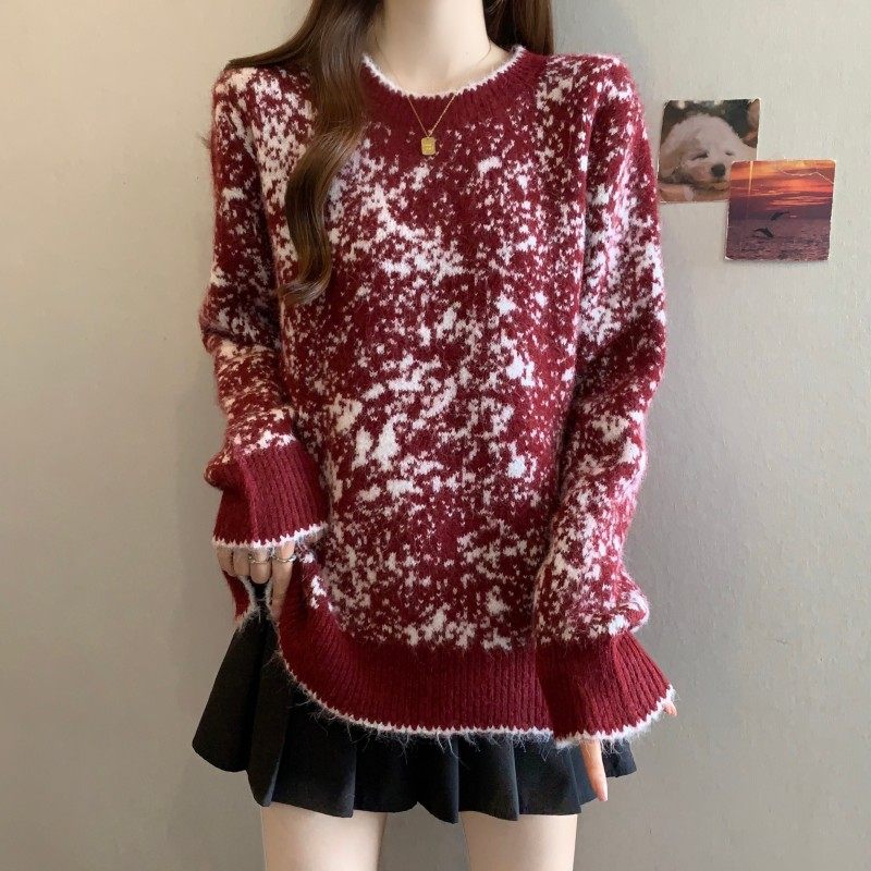 大码女装2025秋冬新款胖MM圆领过年红水墨长袖正肩套头上衣毛衣潮,淘宝优惠券,粉丝福利购,淘宝优惠卷