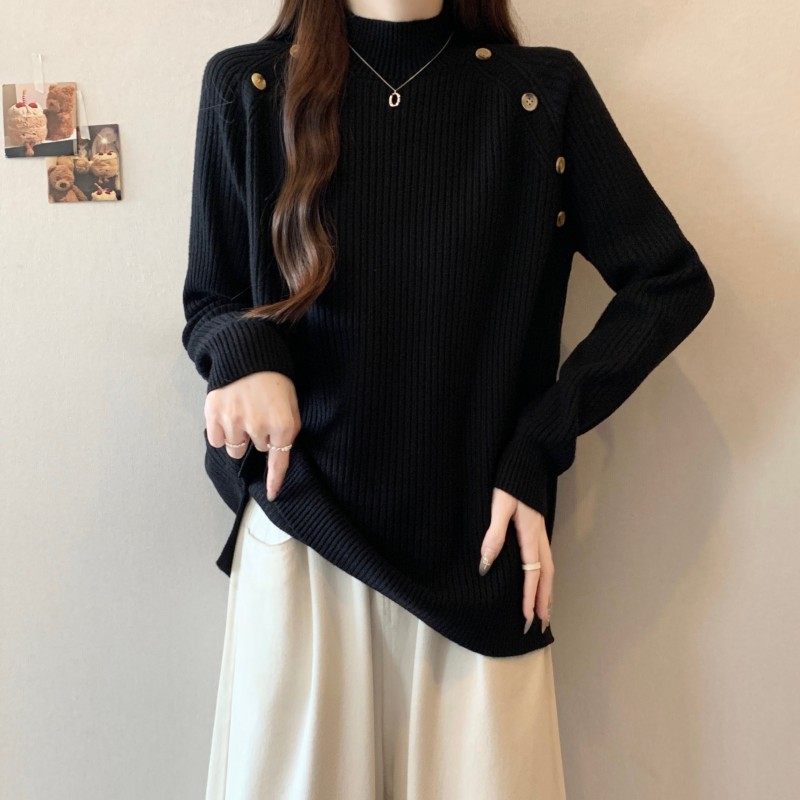 大码女装2025秋冬新款时尚百搭中领一排扣插肩袖套头长袖上衣毛衣,淘宝优惠券,粉丝福利购,淘宝优惠卷