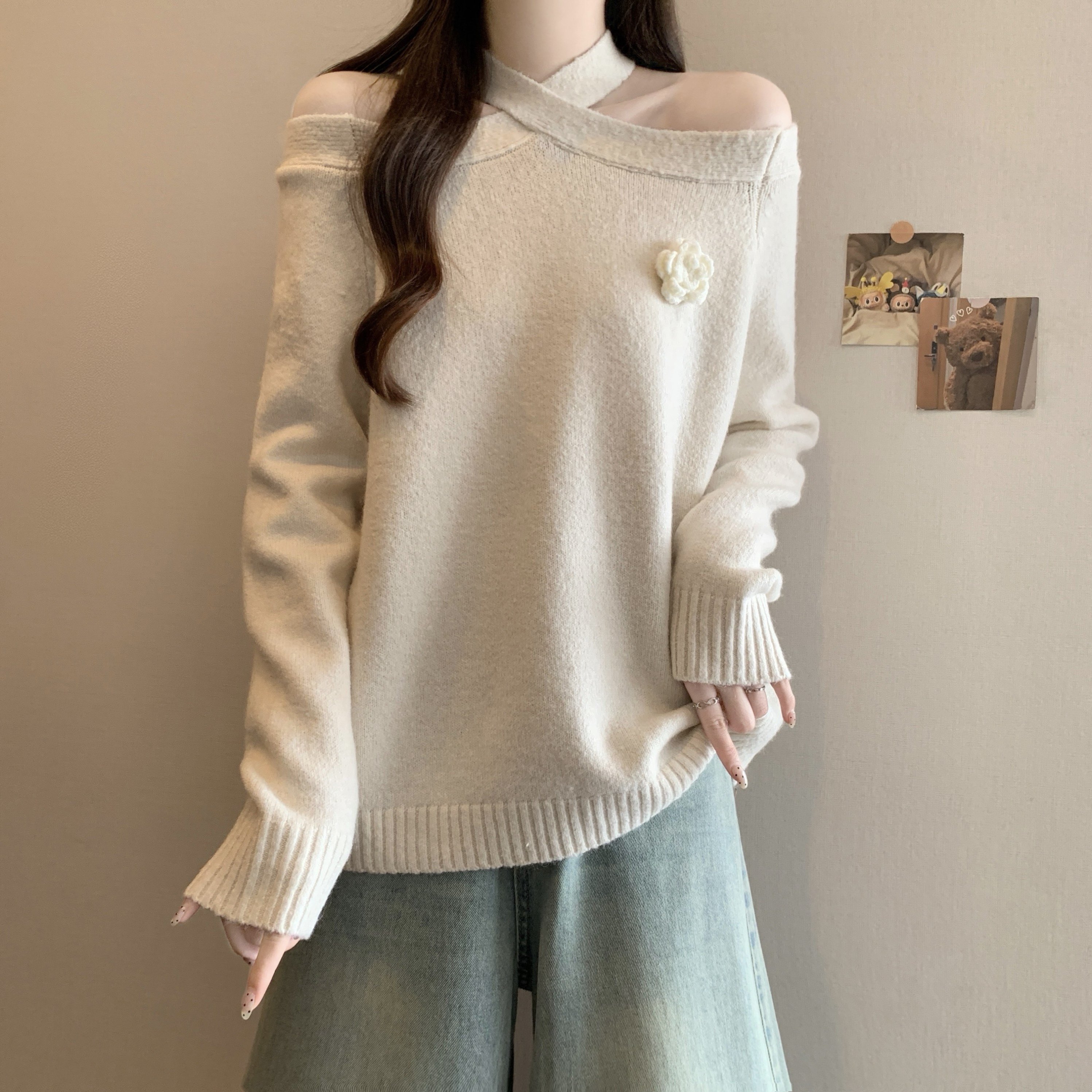 大码女装秋冬新款一字肩挂脖针织衫胖MM长袖毛衣慵懒风内搭打底衫,淘宝优惠券,粉丝福利购,淘宝优惠卷