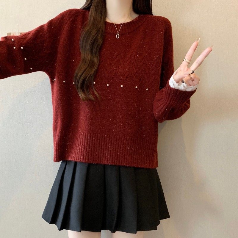 胖MM大码女装2025秋冬新款过年红圆领钉钻蕾丝拼接袖长袖套头毛衣,淘宝优惠券,粉丝福利购,淘宝优惠卷