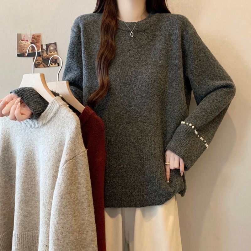 大码女装2025秋冬新款胖MM圆领重工钉珠过年红袖套头长袖上衣毛衣,淘宝优惠券,粉丝福利购,淘宝优惠卷