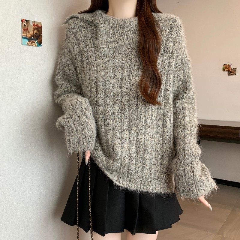 大码女装2025秋冬新款法式开衩翻领加厚长袖落肩袖上衣套头毛衣潮,淘宝优惠券,粉丝福利购,淘宝优惠卷