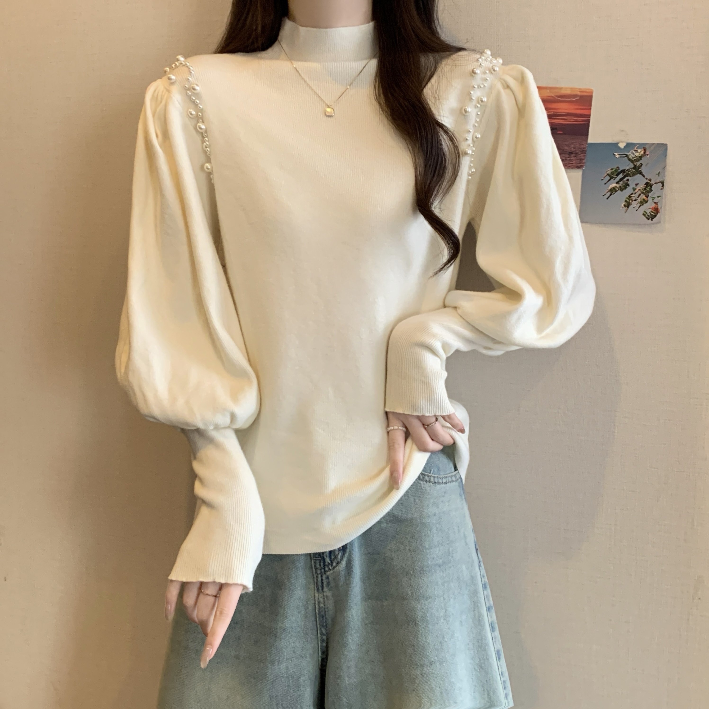 大码女装2025秋冬新款半高领毛衣胖MM百搭上衣钉珠内搭长袖打底衫,淘宝优惠券,粉丝福利购,淘宝优惠卷