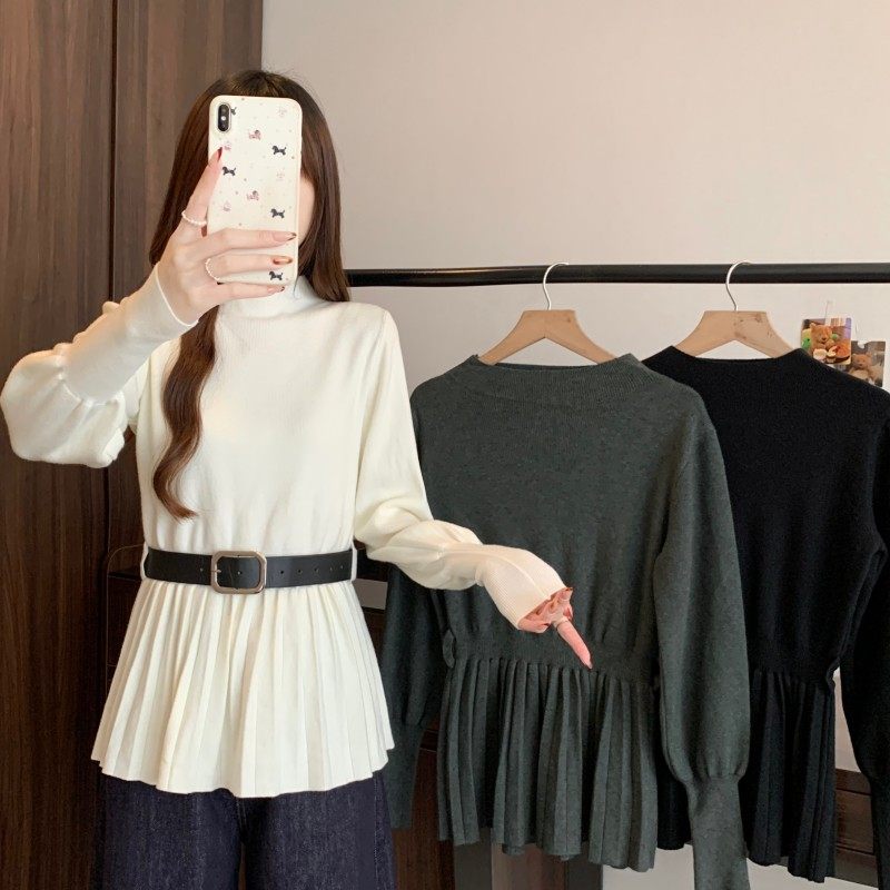 大码女装2025秋冬新款胖MM中领收腰皮带百褶正肩长袖套头上衣毛衣,淘宝优惠券,粉丝福利购,淘宝优惠卷