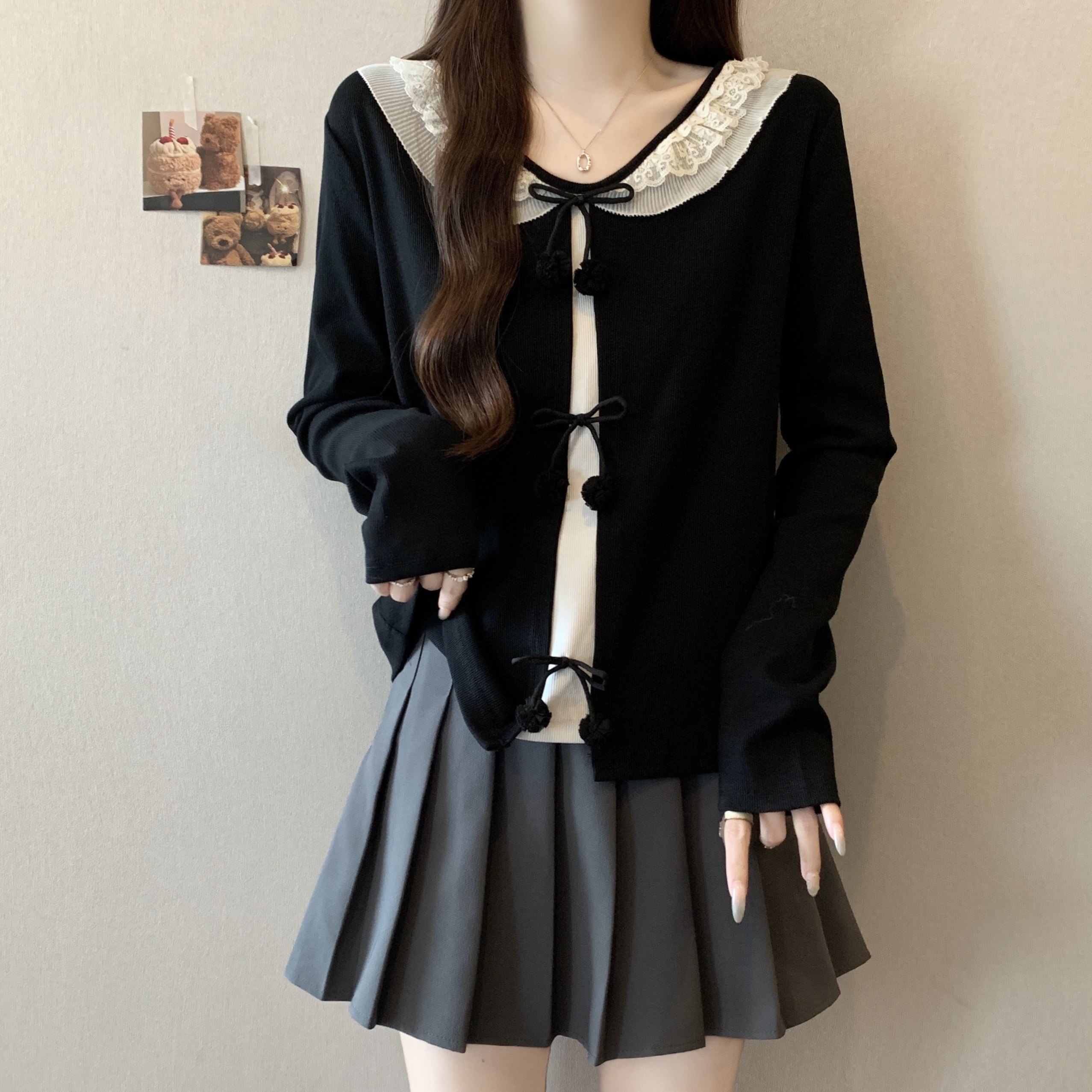 大码女装设计感蝴蝶结长袖针织衫秋季新款胖mm打底内搭假两件上衣,淘宝优惠券,粉丝福利购,淘宝优惠卷