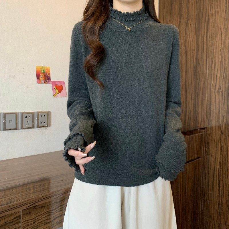 大码女装2025秋冬新款波浪密边双领打底长袖正肩套头针织衫毛衣潮,淘宝优惠券,粉丝福利购,淘宝优惠卷