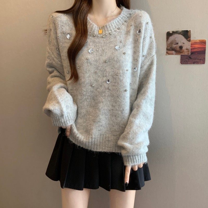 大码女装2025秋冬新款时尚百搭圆领套头法式重工钉钻长袖上衣毛衣,淘宝优惠券,粉丝福利购,淘宝优惠卷
