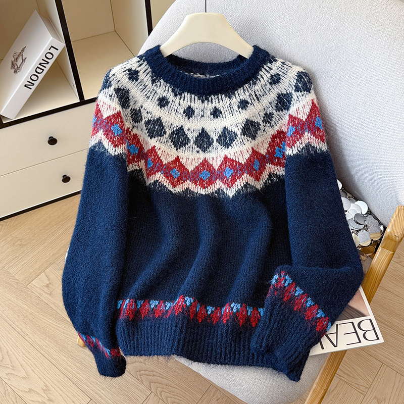 时尚设计感拼色圆领加厚针织衫女2025年秋冬新款长袖提花毛衣上衣 - 图1