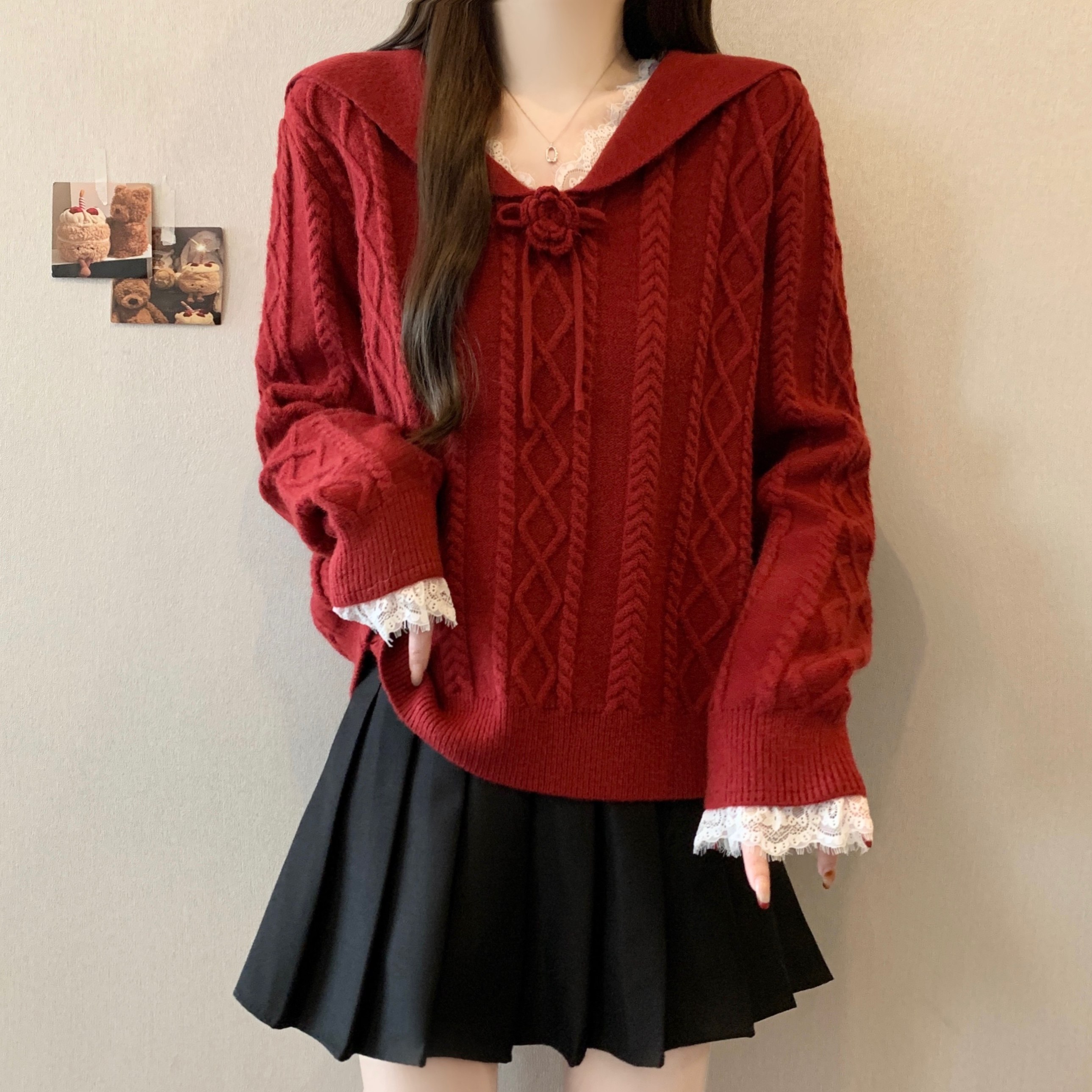 大码女装新年红色绞花纹毛衣2025秋冬新款宽松百搭法式针织衫上衣,淘宝优惠券,粉丝福利购,淘宝优惠卷