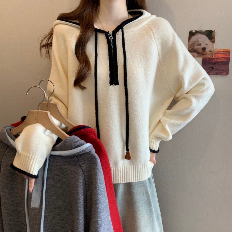 大码女装2025秋冬新款过年红撞色连帽半拉链长袖套头插肩袖毛衣潮,淘宝优惠券,粉丝福利购,淘宝优惠卷