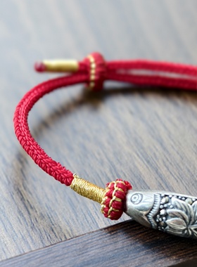 纯手工编织红绳银鱼手链女款转运财富纯银刻莲花寓意嘉