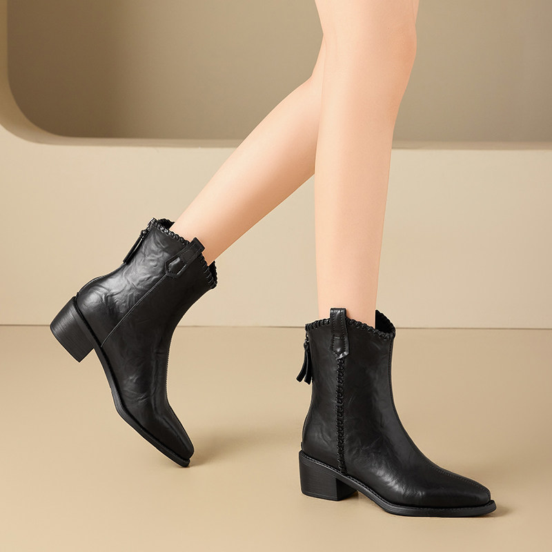 St&Sat/星期六秋冬西部牛仔靴方头粗跟后拉链短靴女SSD4116CT3,淘宝优惠券,粉丝福利购,淘宝优惠卷