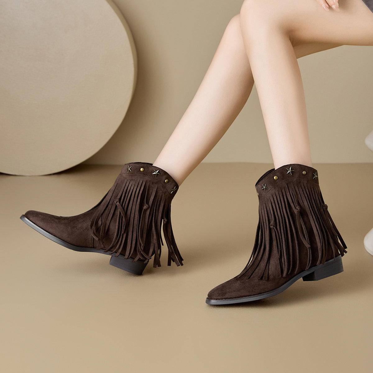 St&Sat/星期六秋冬铆钉流苏西部牛仔靴尖头厚底短靴女SSD4116C3U,淘宝优惠券,粉丝福利购,淘宝优惠卷