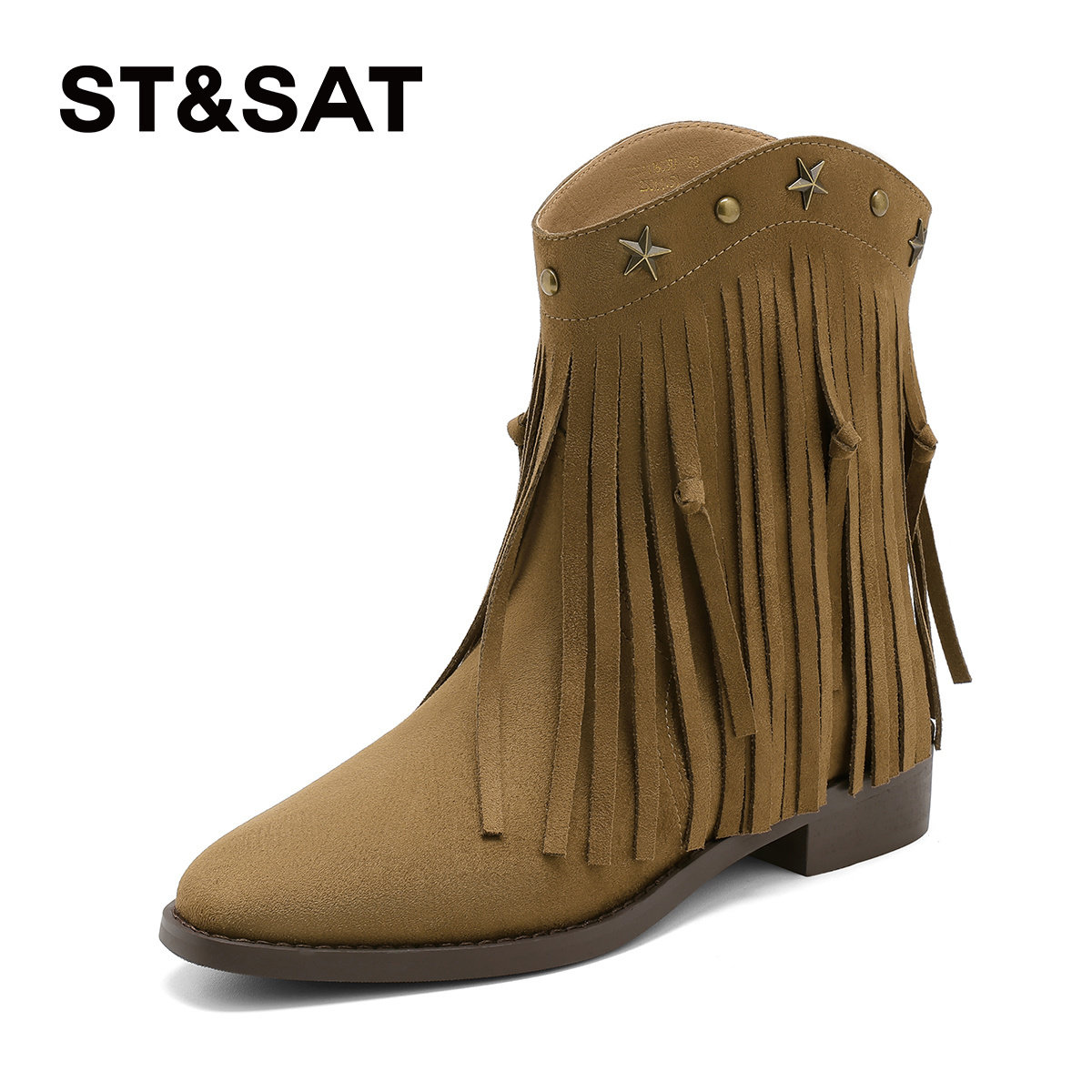St&Sat/星期六秋冬铆钉流苏西部牛仔靴尖头厚底短靴女SSD4116C3U,淘宝优惠券,粉丝福利购,淘宝优惠卷