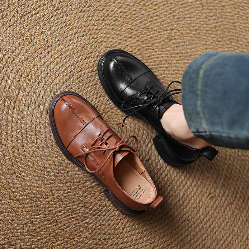 头层水系牛皮单鞋女2025新款深口布洛克系带女鞋粗跟中跟圆头40码,淘宝优惠券,粉丝福利购,淘宝优惠卷