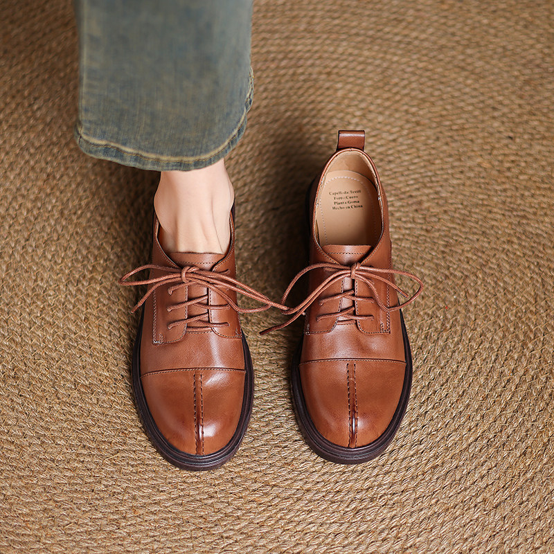 头层水系牛皮单鞋女2025新款深口布洛克系带女鞋粗跟中跟圆头40码,淘宝优惠券,粉丝福利购,淘宝优惠卷