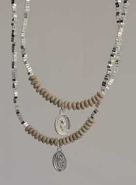 洞石串珠碎银子花朵铭牌吊坠项链