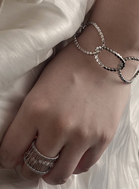 上新9折 水幕珠帘法式复古镂空线条珠珠开口百搭戒指可调节宽指环