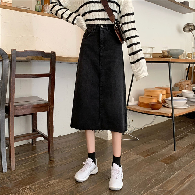 Plus size retro style raw edge high waist slimming midi skirt