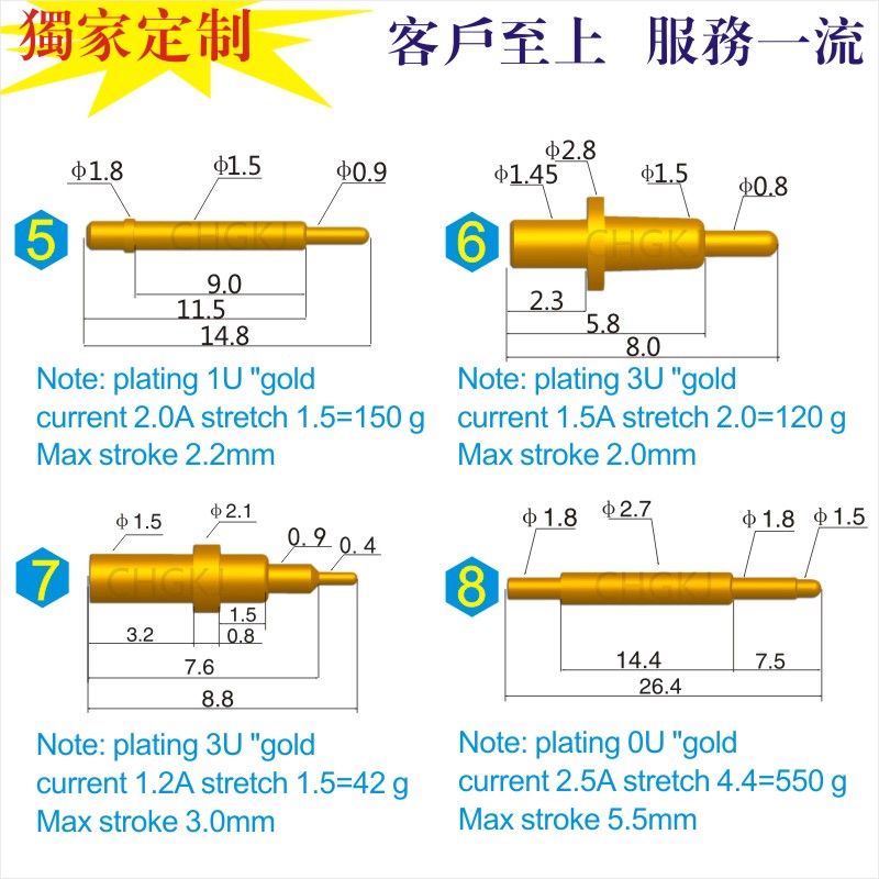 pogopin大电流弹簧顶针电池连接器测试探针双头针PIN针定位针探针 - 图2